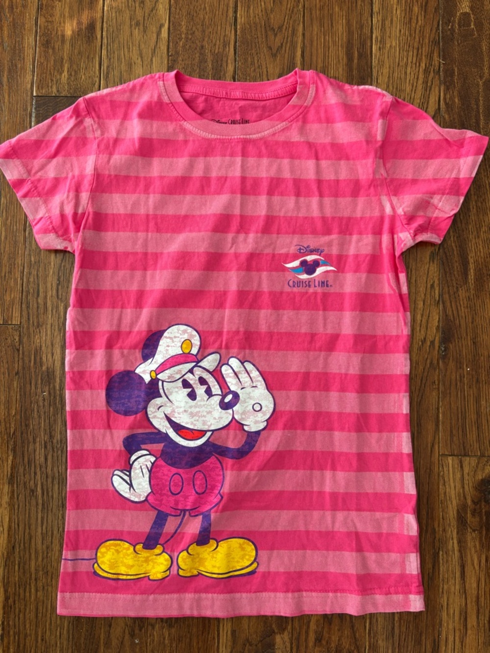 Disney Cruise Girls Large Pink Shirt Tee Captain Mickey Stripe Short Sleeve